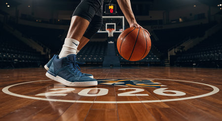 A dynamic low-angle shot captures a player's legs and hand expertly dribbling a basketball on a polished court featuring the year 2026の素材
