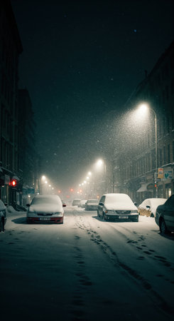 Heavy snowfall covers an empty city road at night, showcasing vehicles parked along the curb, deep footprints in the snow, and warm light from distant street lamps enhancing the cold winter scene.の素材