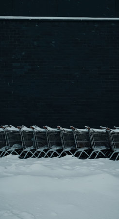 Multiple empty grocery carts are neatly lined up in deep, pristine snow beside a dark, textured brick facade, bathed in soft, diffused light on a cold, overcast winter day.の素材