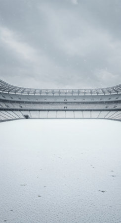 A wide view of an enormous, modern sports complex features a pristine snow-covered pitch and empty gray spectator stands beneath a softly falling winter sky.の素材