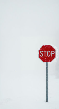 An isolated red octagonal stop sign with visible white lettering is encased in thick ice and snow, emerging from a vast, pristine white snowy field under overcast conditions.の素材