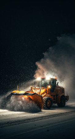 A large yellow heavy equipment vehicle with a front plow works diligently to remove fresh snow from a dark highway during a cold, active winter snowfall.の素材