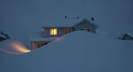 Deep snow blankets a cozy two-story home, featuring illuminated windows that cast a bright, inviting glow across the serene, starlit evening landscape during a heavy snowfall.の素材