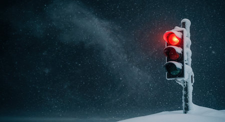 An urban traffic signal glows red amidst a heavy snowstorm, its structure coated in white snow and ice against a dark, cloudy sky, creating a striking contrast.の素材
