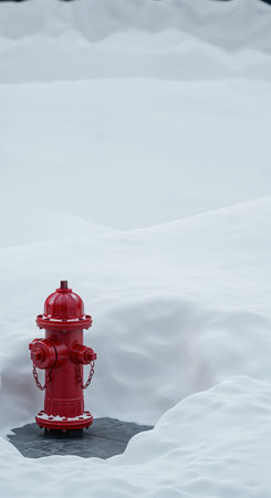 A solitary bright red fireplug is partially buried in deep, undulating white snowdrifts under an overcast sky, with a dark patch of ground visible at its base.の素材