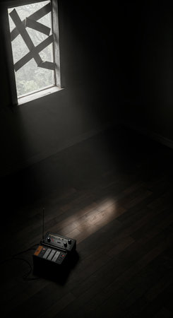 An old radio cassette player sits on a dark hardwood floor, bathed in a narrow beam of sunlight emanating from a taped-up window, creating a mysterious and isolated atmosphere inside the gloomy space.の素材