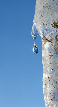 A detailed perspective captures a glistening water droplet hanging from a textured icicle, with a vast expanse of brilliant blue sky in the background.の素材