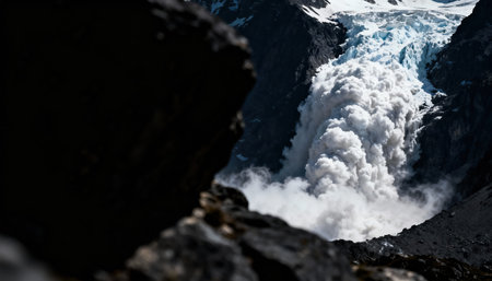 A large volume of snow and ice dramatically descends from a towering glacier, forming an enormous white dust cloud within a steep, dark mountain valley under bright sunlight.の素材