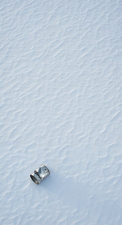 An isolated, dented aluminum can rests on a pristine, rippled field of fresh winter snow, showcasing environmental impact with soft shadows and cool white tones.の素材