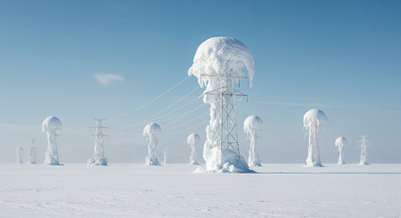 A series of heavily snow-laden electricity pylons rise from a pristine, expansive snowy field beneath a crisp blue sky, showing the extreme effects of winter weather.の素材