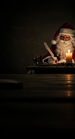 A traditional Christmas figure sits thoughtfully at a dimly lit desk, illuminated by a glowing candle, carefully composing a letter with an antique feather quill.の素材