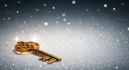 An elegant golden antique key is prominently displayed on a vibrant silvery sparkling ground, surrounded by magical bokeh effects and faint star shapes above.の素材
