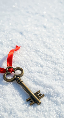 A close-up view reveals an ornate vintage brass key with a bright red satin bow nestled in soft, crystalline snow, creating a festive and mysterious winter atmosphere.の素材