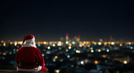 A person dressed as Santa Claus is seen from behind, gazing at the vibrant, blurred city lights under a dark night sky, evoking holiday wonder.の素材
