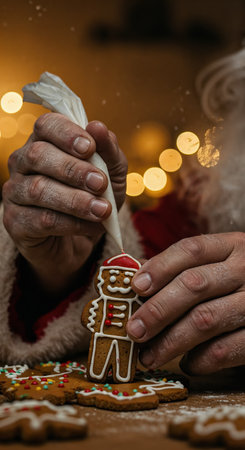 Closeup of hands adorned in a Santa-like red suit carefully applying intricate white icing designs to a festive gingerbread cookie, amidst a soft, glowing background of golden holiday lights.の素材