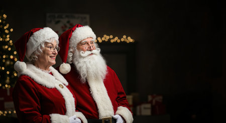 An elderly man and woman in classic holiday costumes pose cheerfully against a dark background, featuring soft bokeh lights and wrapped presents, evoking a cozy winter celebration.の素材