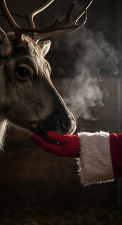 A close-up view captures the intimate moment between a majestic reindeer and a person's hand in a classic red Santa glove, highlighted by dramatic low-key lighting and visible frosty breath.の素材