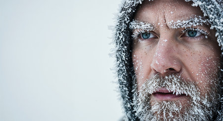 A detailed close-up portrait of an adult man's face covered in heavy frost and ice, including his beard, eyebrows, and hood, set against a stark white winter background.の素材