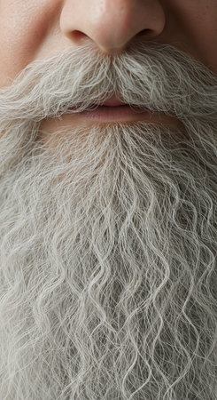 The shallow depth of field emphasizes the thick, wavy white and gray facial hair, showing the detailed strands around the mouth and nose of an aged individual.の素材