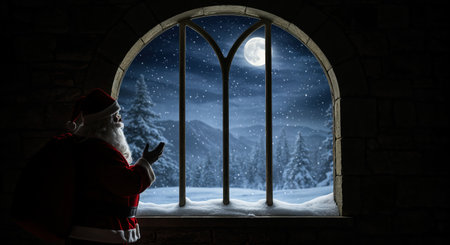 A low-key composition shows a festive character with a beard and sack admiring the serene, moonlit landscape outside a gothic-style window during a peaceful snowfall.の素材