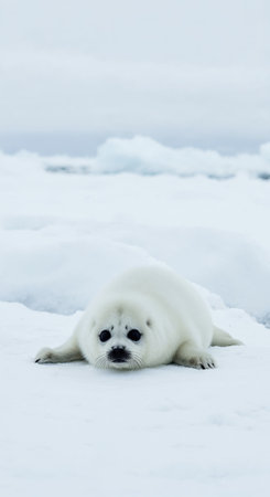 A cute baby seal, covered in soft white fur, rests peacefully on a layer of snow and ice, gazing forward with its big black eyes in a vast frozen landscape.の素材