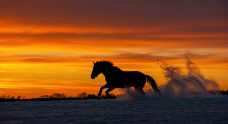 The majestic silhouette of a wild horse runs through a snow-covered field during a breathtaking golden hour, creating a dramatic spray of white snow.の素材