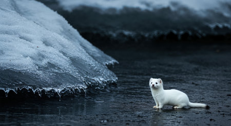 A small, sleek white weasel, possibly an ermine, stands alertly on a dark, wet surface, contrasting sharply with a massive, textured ice chunk adorned with glistening icicles, creating a chilly.の素材