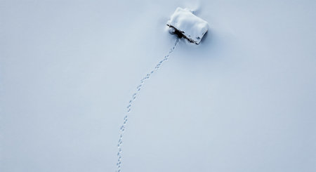 An aerial view reveals a small, snow-laden wooden structure and a trail of distinct animal footprints traversing the vast, untouched white snowfield.の素材