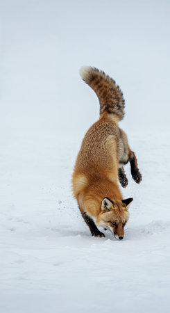 An agile wild red fox with striking orange fur leaps into a pristine snowy landscape, actively searching for prey or exploring the crisp winter terrain.の素材