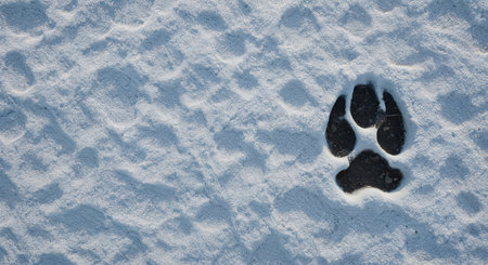 A solitary canine-like footprint is sharply defined against a subtly shaded, granular field of snow, highlighting the stark contrast and natural outdoor environment.の素材