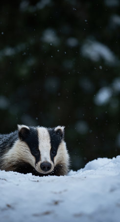 A close-up view of a European badger lying low in a pristine snowy environment, showing its unique facial markings and thick fur as delicate snowflakes descend.の素材