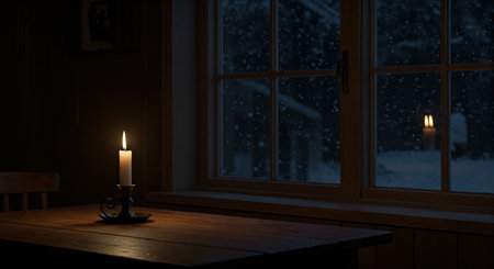 A solitary burning candle casts a warm light across a rustic indoor setting, contrasting with the dark winter scene of falling snowflakes visible through the window pane.の素材