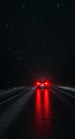 A solitary car's vivid red brake lights illuminate a dark, wet asphalt road during a snowy night, with falling flakes visible against the deep shadows and reflective surface.の素材