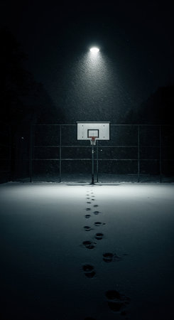 A dramatic outdoor scene features a snow-covered basketball court under a bright street light, with falling flakes and a prominent trail of footprints extending into the dark distance.の素材