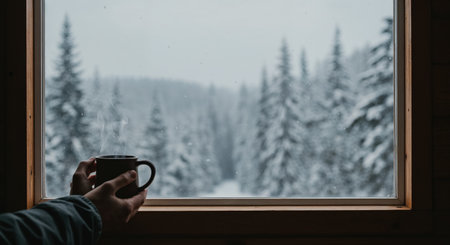 Cozy indoor view features a person's hands cradling a warm beverage in a mug, observing the tranquil, frosty landscape of a dense evergreen forest through a rustic windowpane.の素材