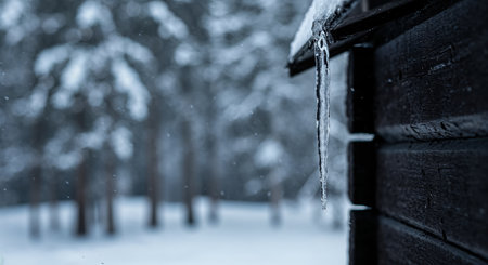 A close-up view captures a glistening icicle suspended from a rustic wooden roofline, surrounded by softly falling snow in a serene cold natural environment.の素材