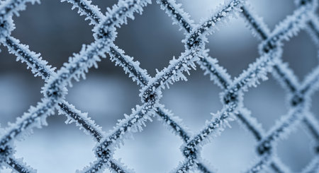 An extreme close-up reveals a textured pattern of a wire fence adorned with sparkling white ice, featuring sharp frost crystals on each dark metallic strand, evoking a crisp, frozen winter atmosphere.の素材