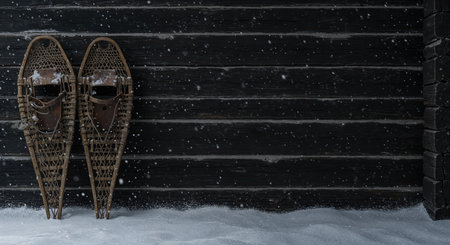 Two classic snowshoes stand vertically on a snowy ground next to a weathered black wooden wall, under a gentle snowfall, evoking a serene and cold outdoor atmosphere.の素材