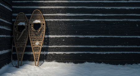 A detailed composition showcases two traditional wooden snowshoes with leather bindings standing in fresh white snow, leaning against a dark horizontal plank wall, bathed in soft, chilly natural.の素材