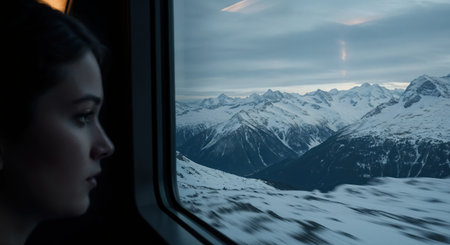 A pensive young woman in profile watches the dramatic winter landscape of snow-capped peaks and dark valleys through a train window, conveying journey and reflection.の素材