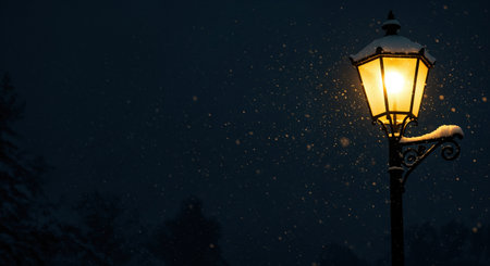 An old-fashioned lantern-style lamppost covered in a light dusting of snow illuminates the falling snowflakes against a deep blue night sky, offering ample dark copy space.の素材