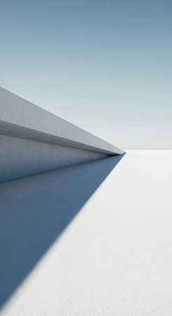 A serene, modern architectural landscape showcases a stark, angular concrete structure extending across a textured white ground, creating a deep shadow under a pale blue sky.の素材