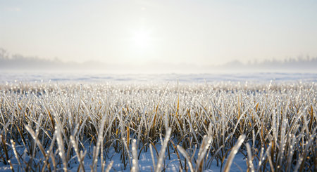 A serene winter landscape featuring individual grass stalks encased in glistening ice, set against a softly blurred background with distant trees and warm sunlight.の素材