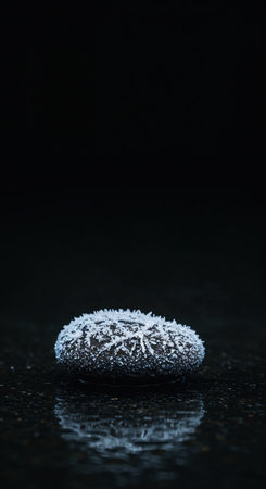 An abstract view of a small, round black item adorned with delicate white ice formations, positioned on a sleek, dark reflective ground against an empty black backdrop, emphasizing its frosty texture.の素材