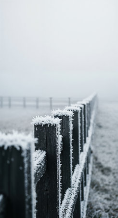 Hoarfrost crystals brilliantly encrusted a rustic wooden fence line, stretching across a cold, atmospheric winter landscape shrouded in a thick, ethereal fog.の素材