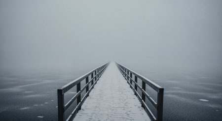 A solitary wooden pier, blanketed in fresh snow, stretches endlessly into a heavy, ethereal mist, overlooking a dark, frozen lake with visible ice patterns, evoking a profound sense of peace.の素材