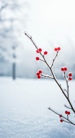 Bright red berries on an icy branch emerge from a pristine, textured snowdrift, creating a striking visual contrast of warm color against the cold, serene winter landscape.の素材