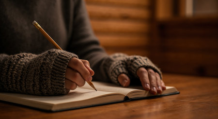 A close-up view captures an individual's hands, clad in textured wool mittens, meticulously writing with a pencil in an open book, resting on a polished wooden surface under gentle lighting.の素材