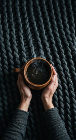 A person's hands hold a rustic brown mug with hot steaming coffee or tea, resting on a textured dark gray knitted fabric, conveying comfort and relaxation.の素材