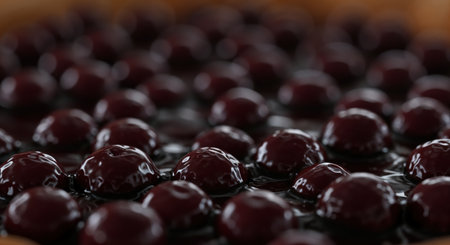 A close-up perspective reveals a dense arrangement of deeply colored, shiny fruit immersed in a thick, dark syrup, with soft background bokeh enhancing the intricate, wet surface details.の素材